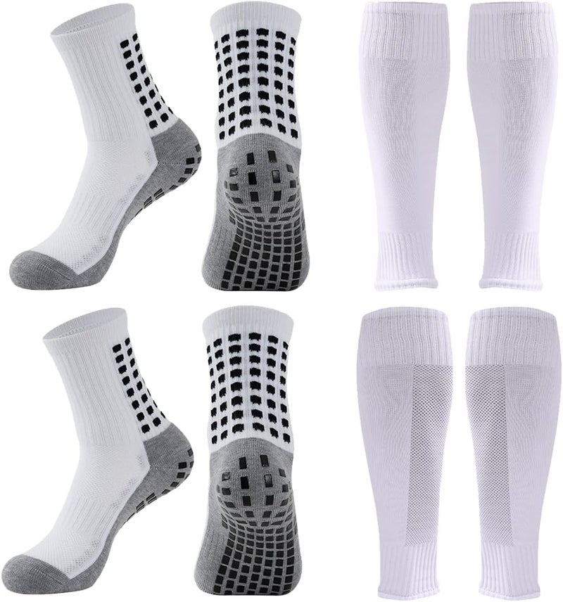 BUKEORE 2 Set Anti-Slip Grip Soccer Socks with Shin Guard Sleeves, Sports Athletic Socks for Men Women - Image 1